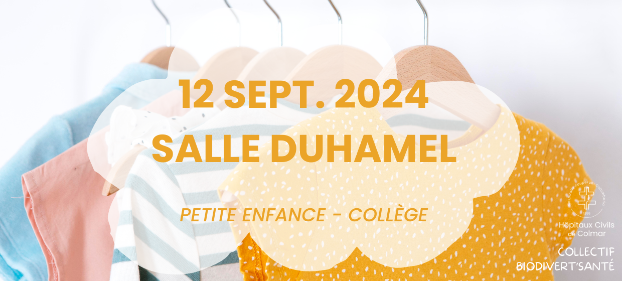 Informations pratiques de la bourse aux vêtements : 12 septembre 2024 en salle Duhamel.